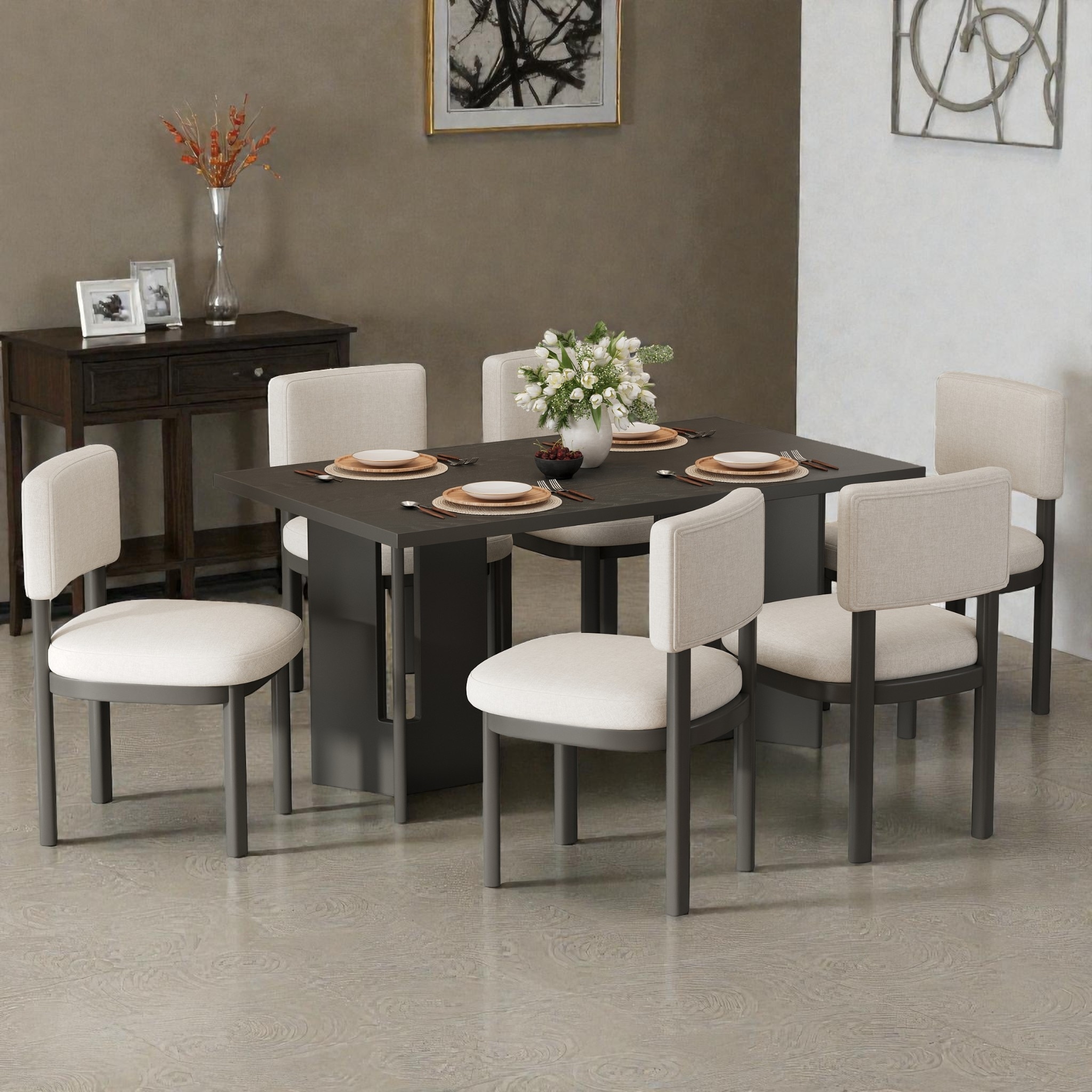 Farmhouse 7-Piece Dining Table Set for 6, 60 Inch Rectangular Solid Wood Table with Cutout Legs and Upholstered Chairs