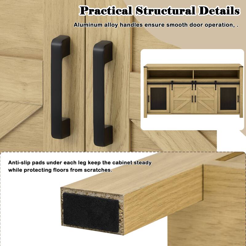 59.3" Farmhouse Sideboard with Sliding Barn Doors & Mesh Panels, Buffet Cabinet with Open Storage for Kitchen or Living Room