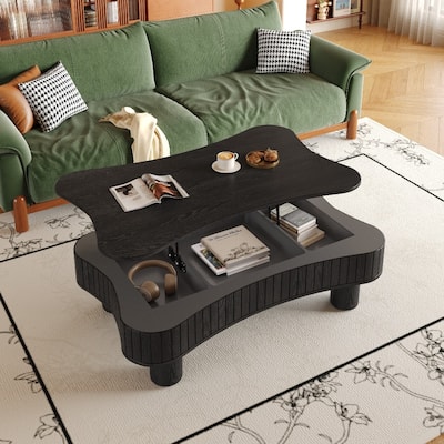 Lift Top Coffee Table with Fluted Panel Hidden Storage, Silent Hydraulic Lift and Curved Safety Corners