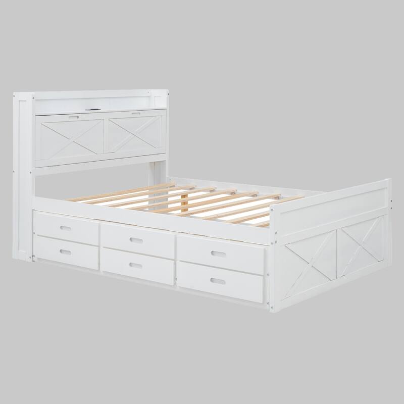 Space-Saving Full Size Bed with Storage Headboard, Outlets & Trundle with 3 Drawers for Extra Storage - White - Full