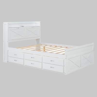 Space-Saving Full Size Bed with Storage Headboard, Outlets & Trundle with 3 Drawers for Extra Storage