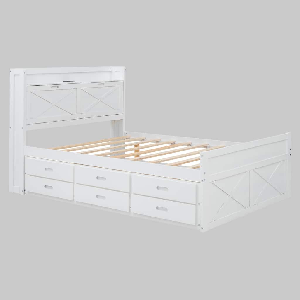 Space-Saving Full Size Bed with Storage Headboard, Outlets & Trundle with 3 Drawers for Extra Storage