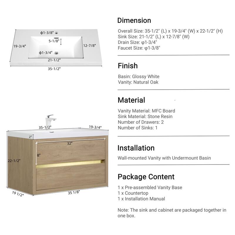 36" Floating Bathroom Vanity with Stone Resin Countertop, Soft Close Drawers, and U-Shaped Drain Design
