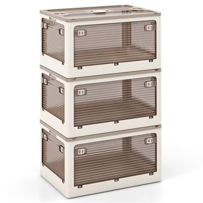 Cream White-Clear Brown Foldable Storage Bins 3-Pack with Wheels