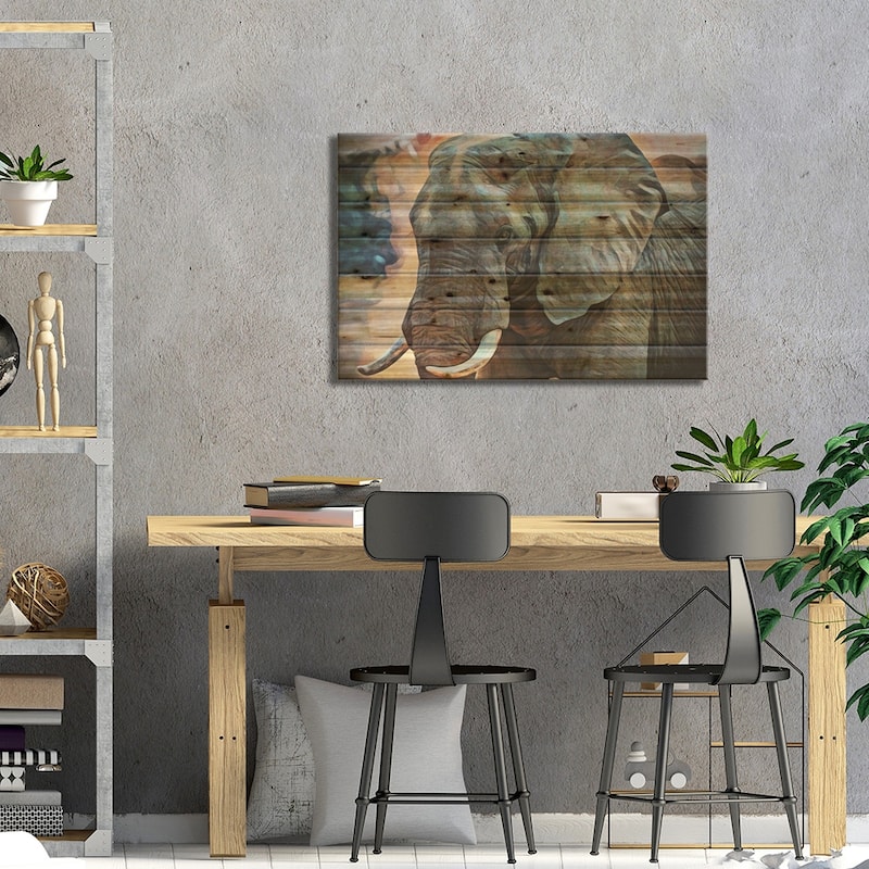 African Elephant Kicking Up Dirt Print On Wood by Ashley Aldridge - Multi-Color