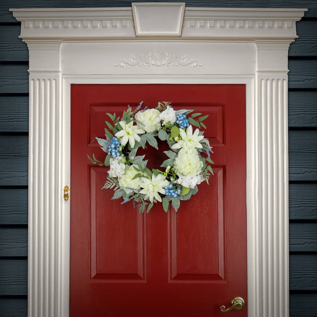 National Tree Company 24 inch Artificial Spring Wreath with Dahlia, Peony, and Hydrangea Blooms, Realistic Floral Decoration