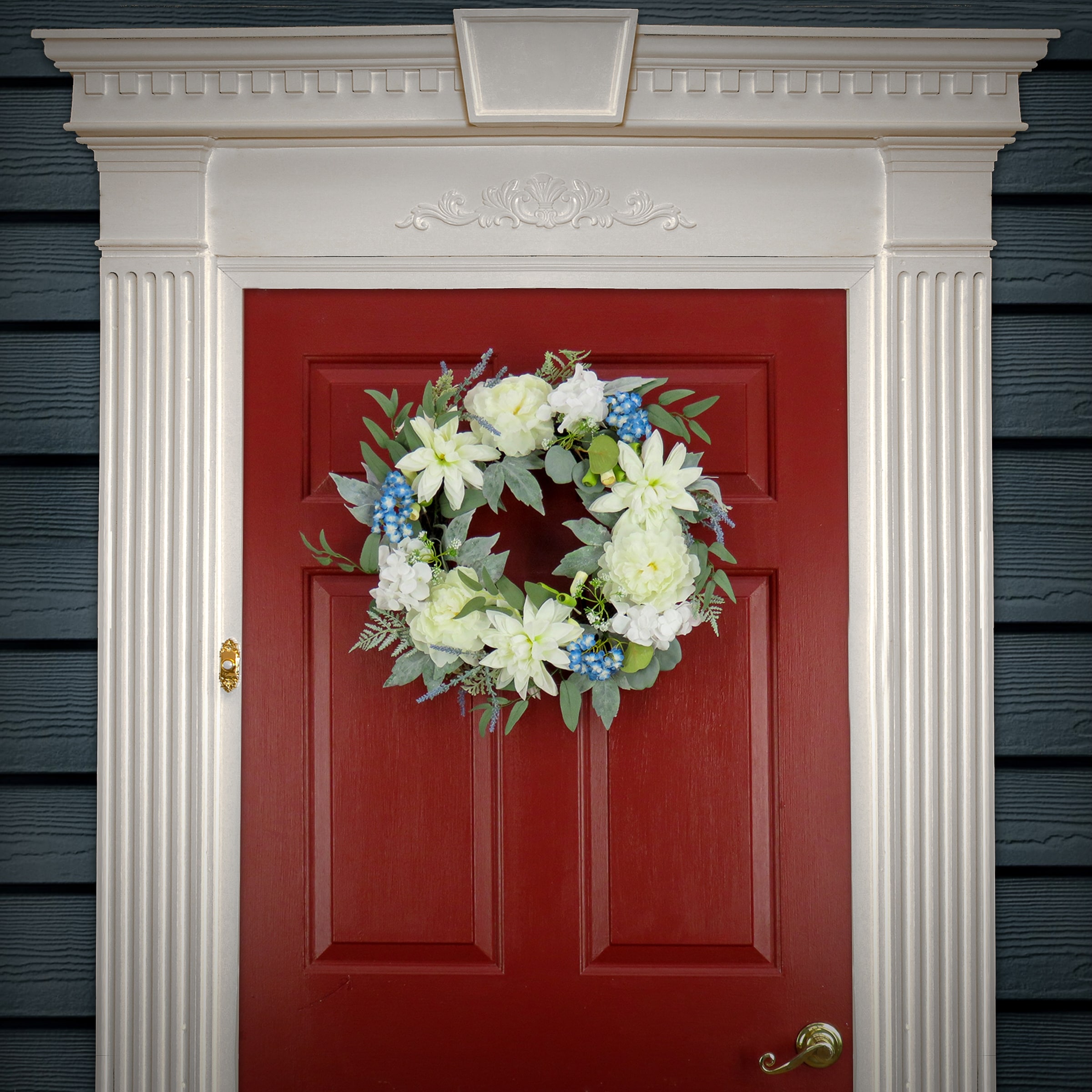 National Tree Company 24 inch Artificial Spring Wreath with Dahlia, Peony, and Hydrangea Blooms, Realistic Floral Decoration