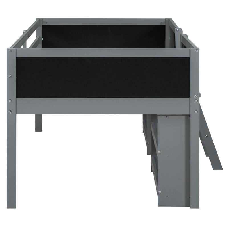 Twin Size Low Loft Bed with Movable Shelves, Ladder, and Chalkboard Guardrail, Gray