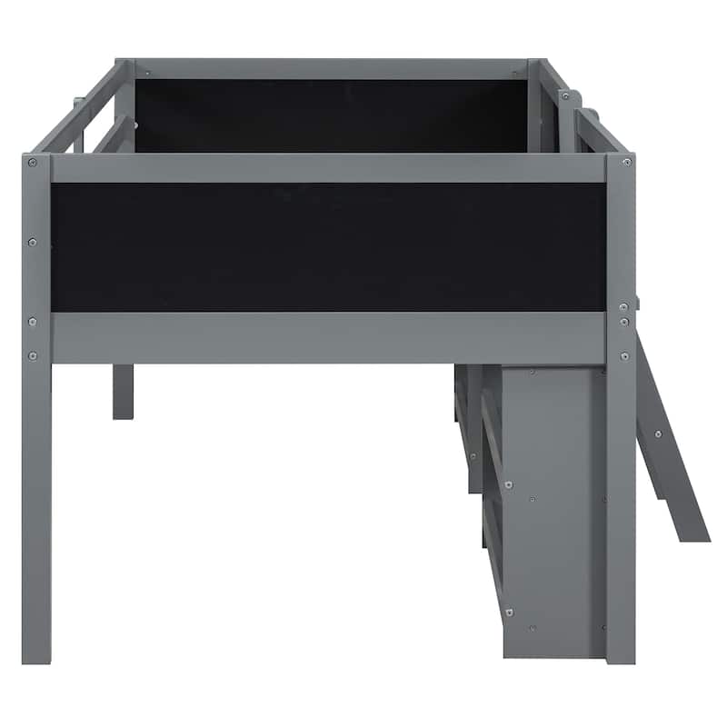 Twin Size Low Loft Bed with Two Movable Shelves, Ladder and Chalkboard, Kids Low Loft Bed Frame No Box Spring Needed for Boys