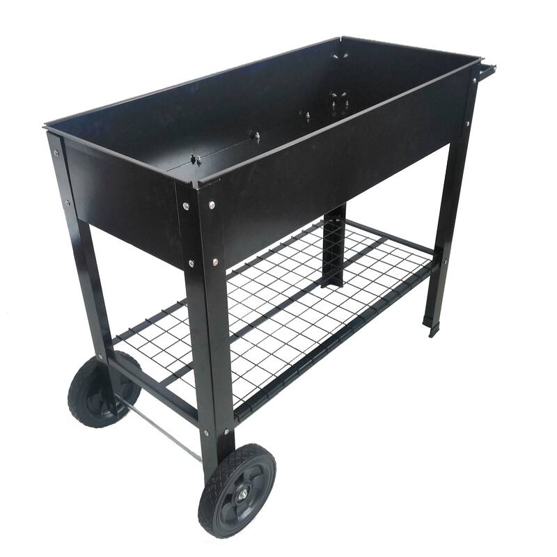 Metal Elevated Planter with Switchable Drainage Wheels and Storage Shelf for Patio or Balcony - 36.2”L x 16.7”W x 31.9”H
