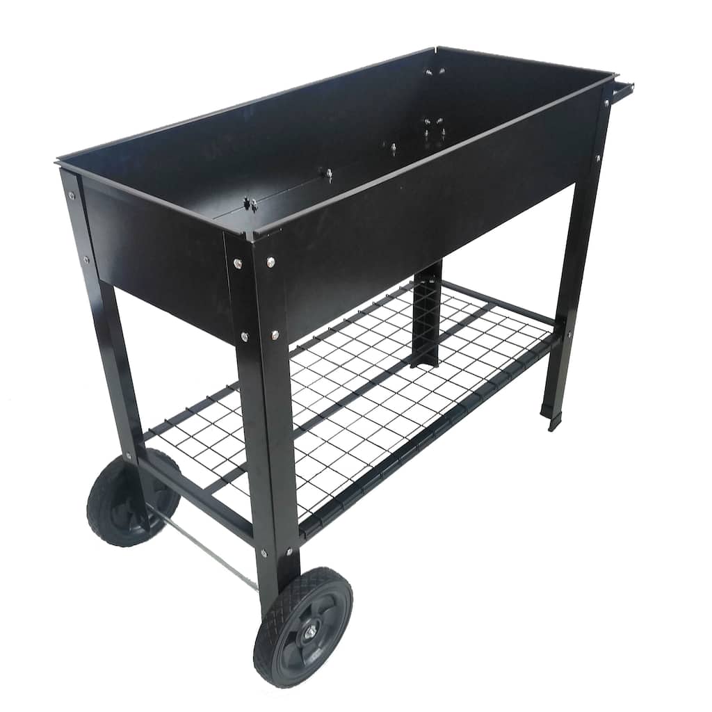 Outdoor Planting Table with Drainage System, High-Strength Metal Legs, Armrests, and Storage Shelf