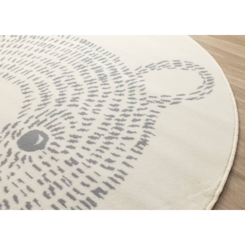 Round Kids Cream Grey Teddy Bear Area Rug, 5'3" x 5'3" - 5'3" x 5'3"