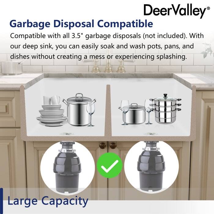 DeerValley 33"L X 20"W Double Bowl Workstation Farmhouse Kitchen Sink With Cutting Board And Dish-Drying Rack