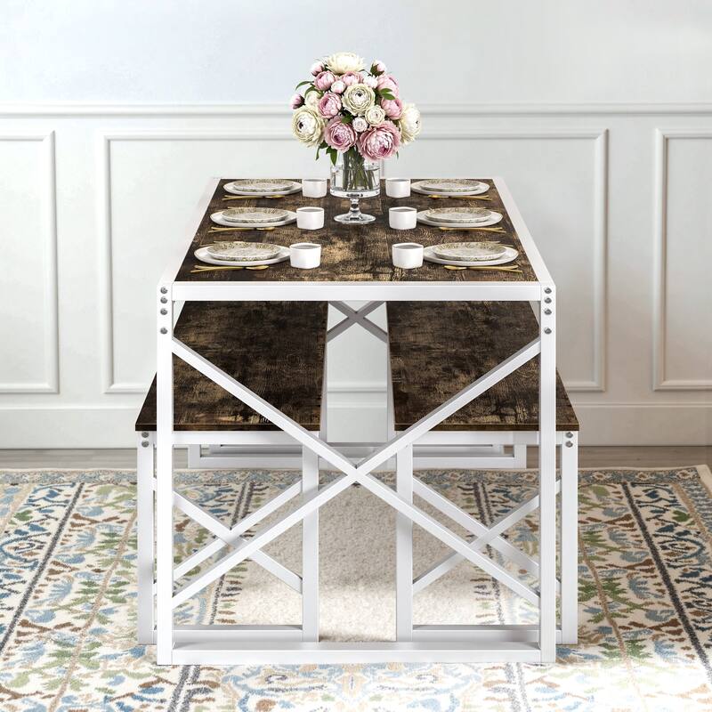 44.3" Dining Table with Benches Kitchen Table set for 4 Rectangular Dining Room Table Set with 2 Metal Wood Benches