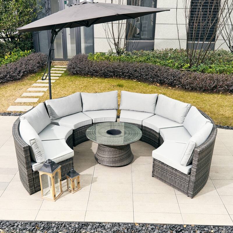 8-Seat Modular Patio Iron PE Rattan Sofa Set with Round Coffee Table