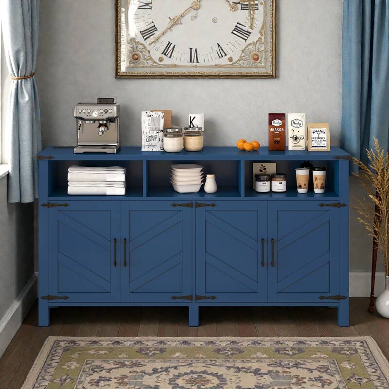 59" Modern 4-Door Sideboard with Power Outlets, USB Ports, Adjustable Shelves & Half-Open Storage Cabinet - Navy Blue