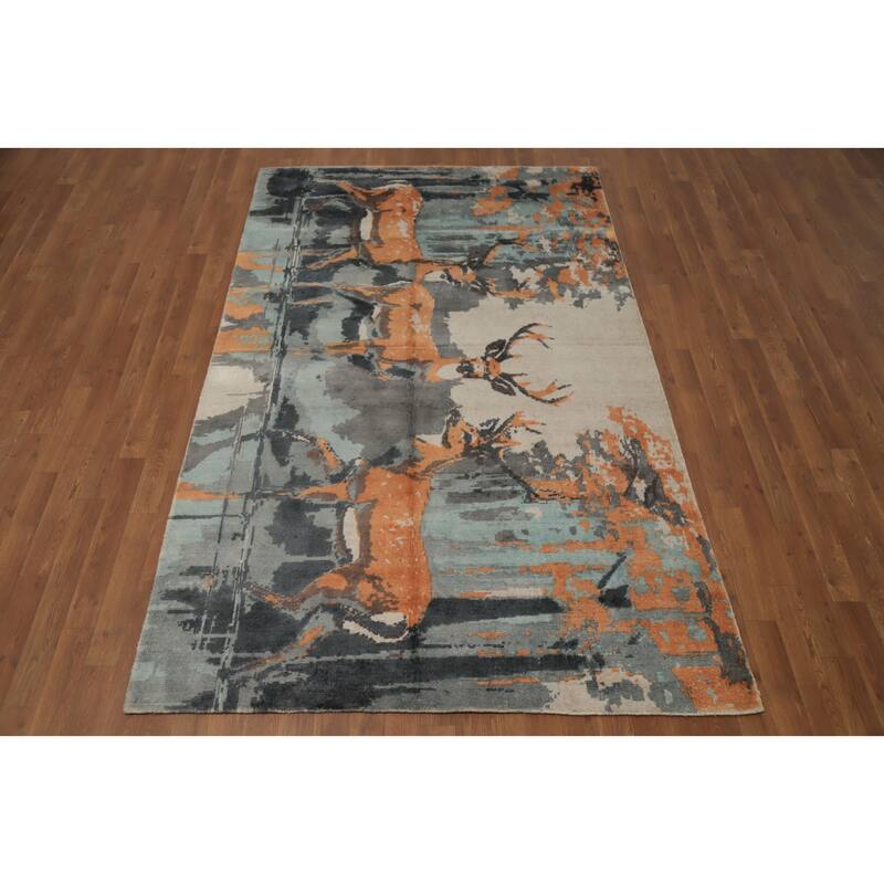 Hand Knotted Oriental Viscose Silk Carpet Modern Animal Pictorial Multi-Colored Abstract Area Rug - 7' 10'' X 4' 11''