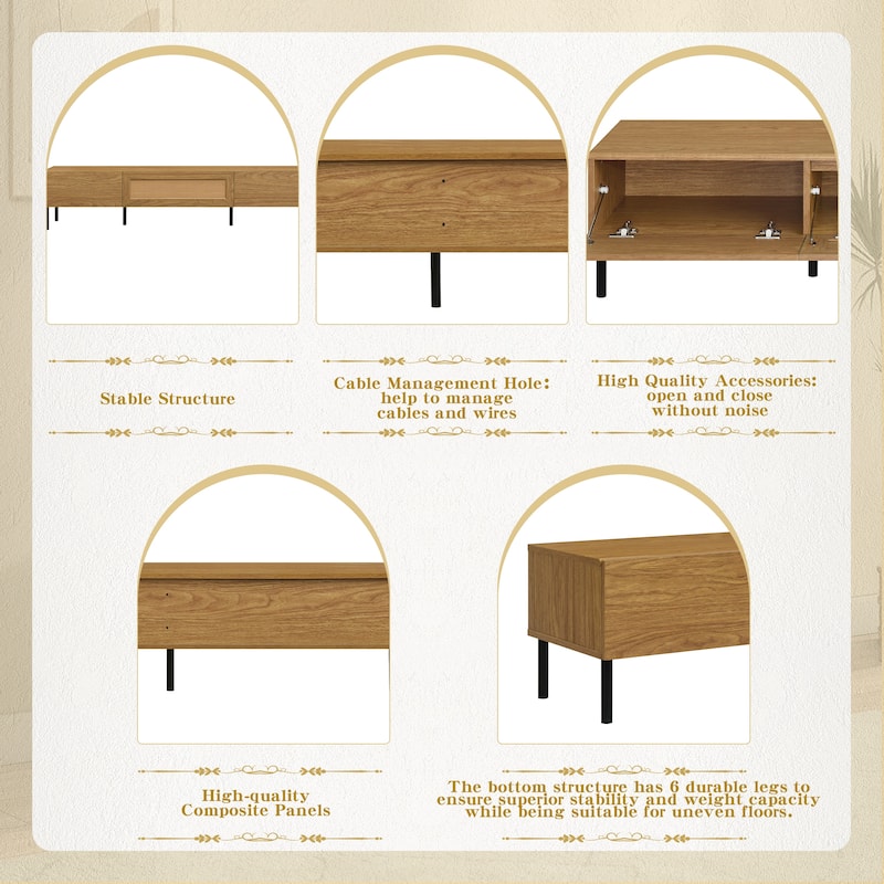 Bohemian Style Rattan TV Stand Media Console, for TVs up to 80" with 3 Pull-down Cabinets, for Living Room