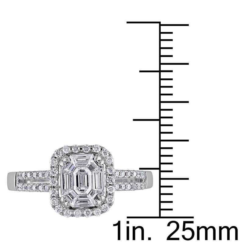 Miadora 3/4ct TDW Parallel Baguette Round Diamond Halo Split Shank Engagement Ring in 18k White Gold