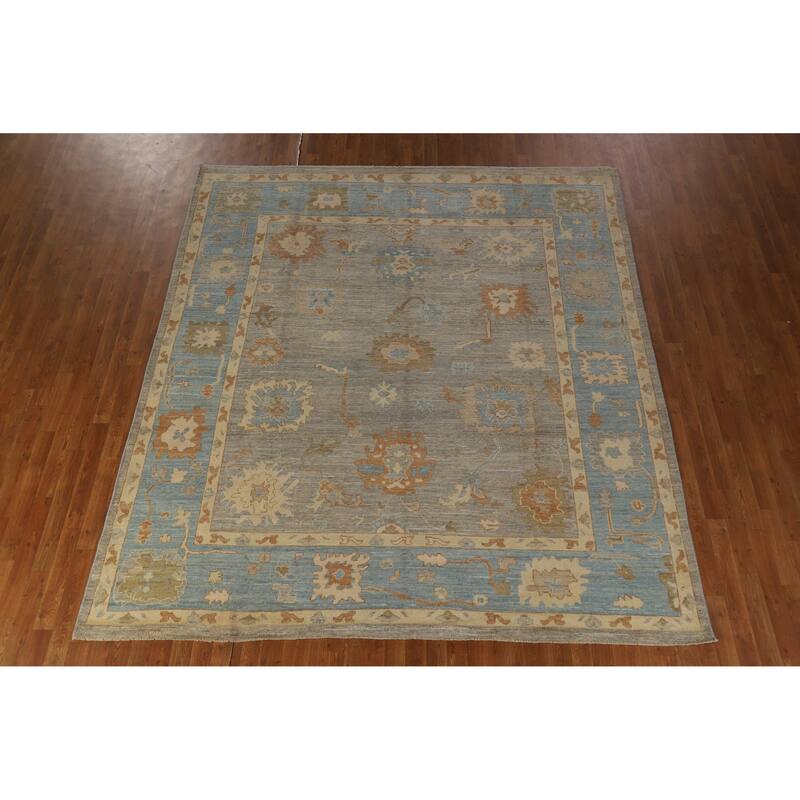 Hand Knotted Oriental 100% Wool Carpet Transitional All-Over Greys & Charcoal Oushak Area Rug - 9' 7'' X 8' 7''