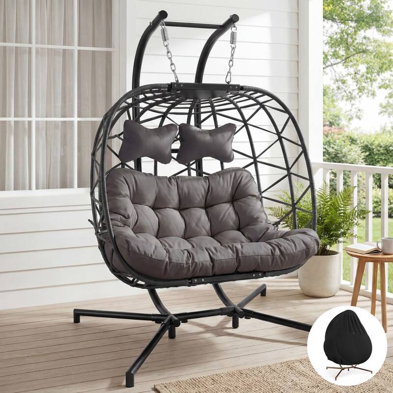 Oversized Outdoor Double Hanging Egg Chair with Cushions, 700 lbs Capacity Swing Chair for Indoor or Patio - Dark Grey/Cover