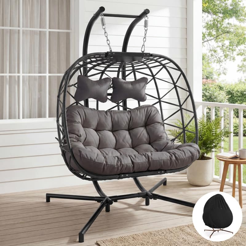 Oversized Outdoor Double Hanging Egg Chair with Cushions, 700 lbs Capacity Swing Chair for Indoor or Patio