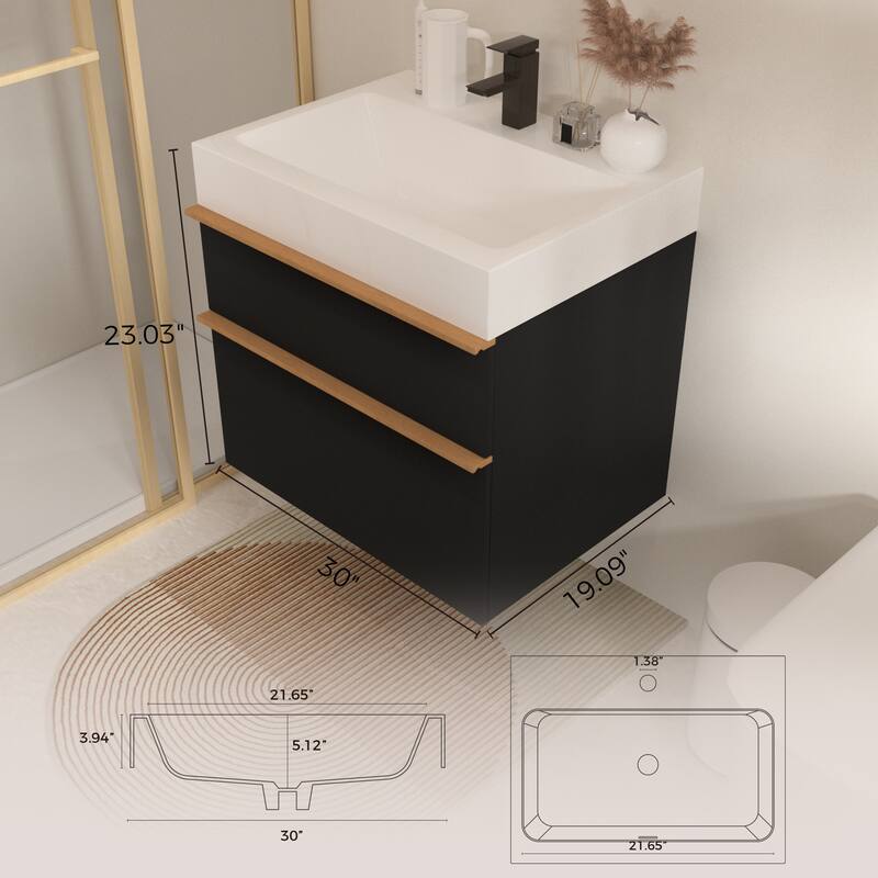 30 Inch Black Wall Mounted Bathroom Vanity With Sink, 2 Soft-Close Drawers, Pre-Assembled,Modern Floating Cabinet