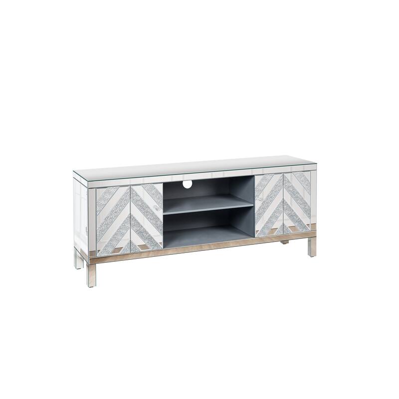 Mirrored TV Stand for 65+ inch TV,Sliver TV Console Table with Open Storage & 2 Storage Cabinets for Living Room