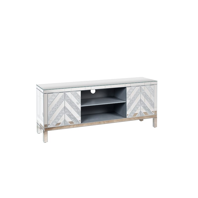 Silver 59" TV Stand with M-Shape Mirror Doors & Storage for TVs Up to 65"