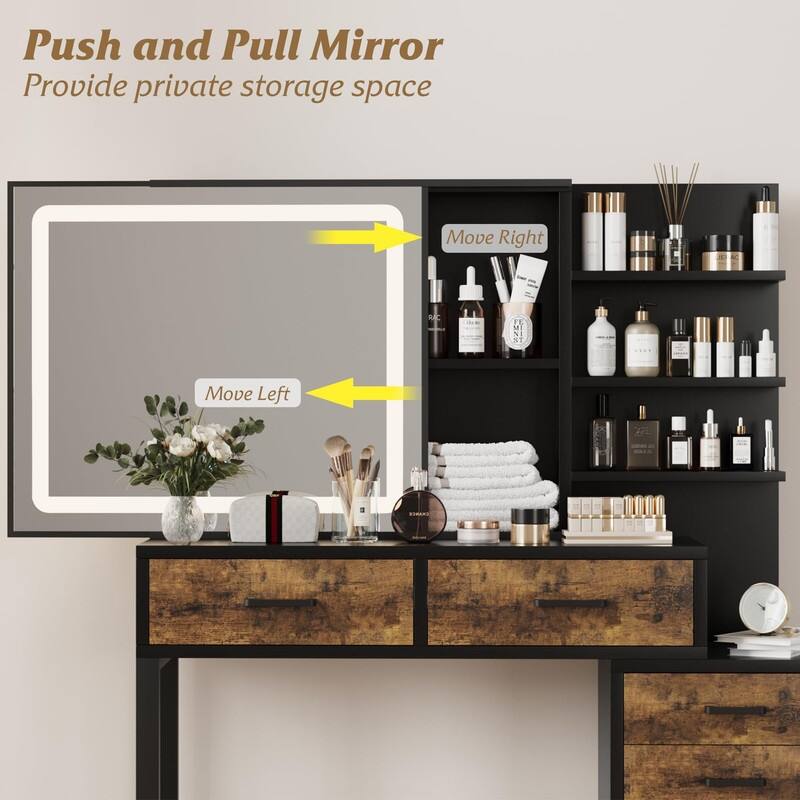 Vanity Desk with Sliding LED Mirror and Charging Station, 5 Drawers, 3 Shelves