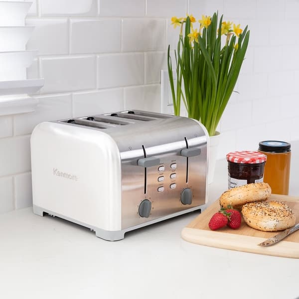 slide 2 of 7, Kenmore 4-Slice Toaster, White Stainless Steel, Dual Controls, Extra Wide Slots, Bagel and Defrost