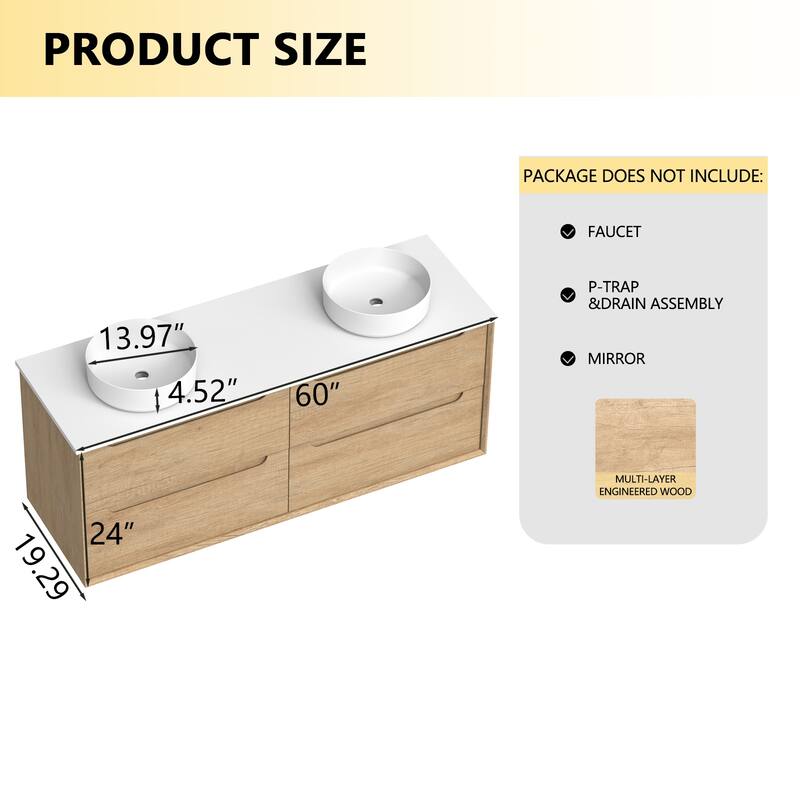 60" Solid Wood Bathroom Vanity with White Quartz Countertop Ceramic Vessel Sink