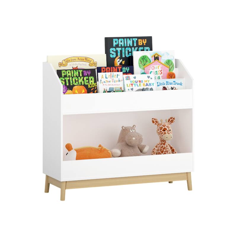 Toddler Book Display Shelf with Storage, Wooden Kids Bookcase Organizer for Bedroom or Playroom, White