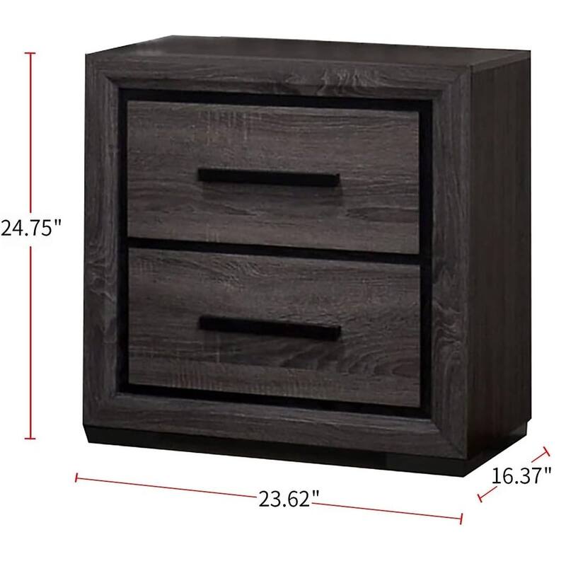 2-Drawer Gray Nightstand, Modern Bedroom Furniture with Two-Tone Design and Black Trim, Paper Veneer Bedside Table
