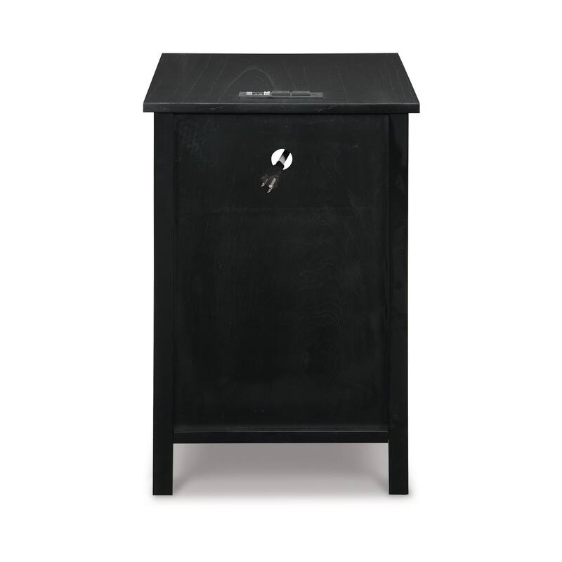Gena Side End Table, Shelf and Pull Out Tray, Black Solid Wood 24 Inch