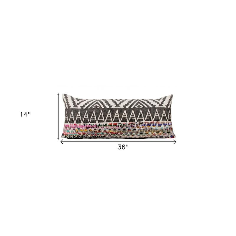 HomeRoots 14" X 36" Off-White Black Red Blue Orange And Green 100% Cotton Geometric Zippered Pillow
