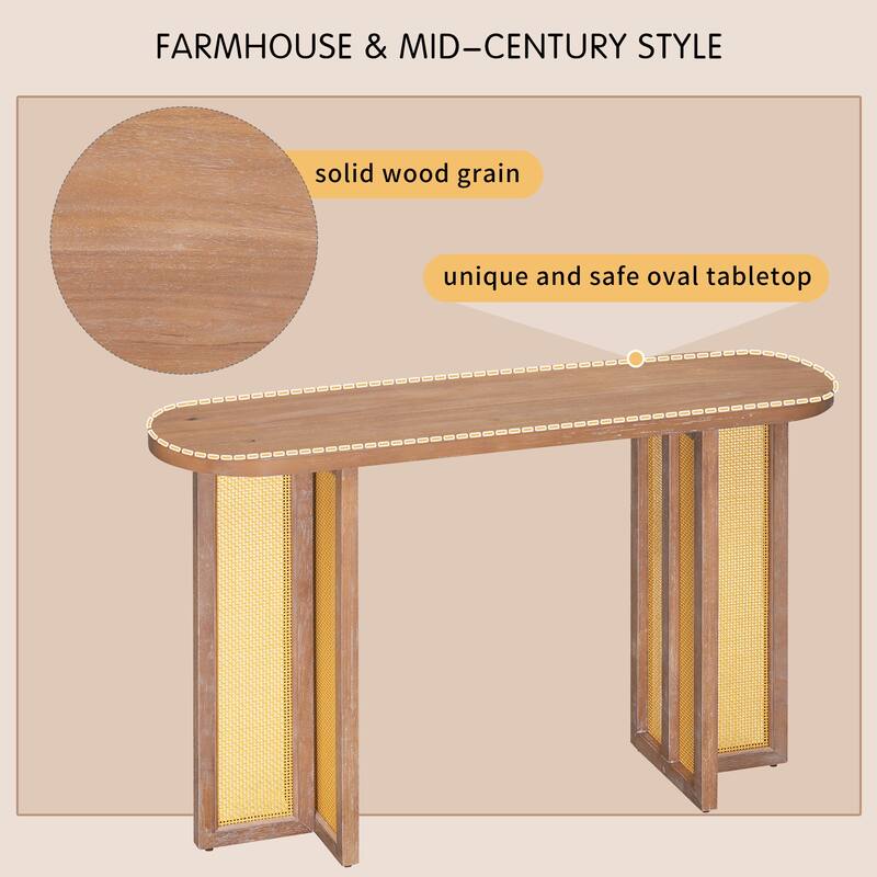 Farmhouse Rattan Console Table with Oval Top, Narrow Entryway Table Hallway Table Living Room Accent Table