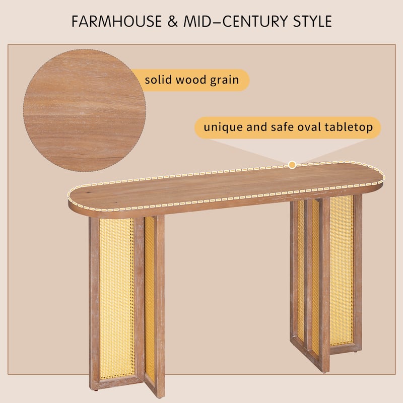 Farmhouse Rattan Console Table with Storage for Living Room