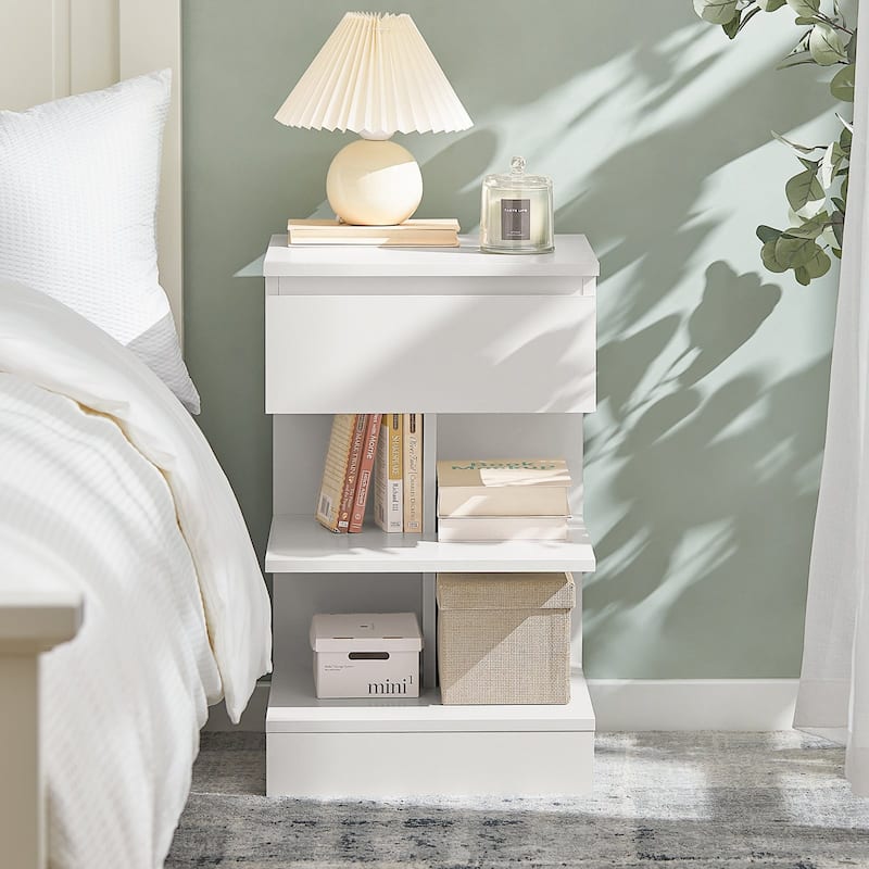 Haotian FBT49-W, Side Table Night Stand Bed Sofa Table With 1 Drawer And 2 Shelves - White
