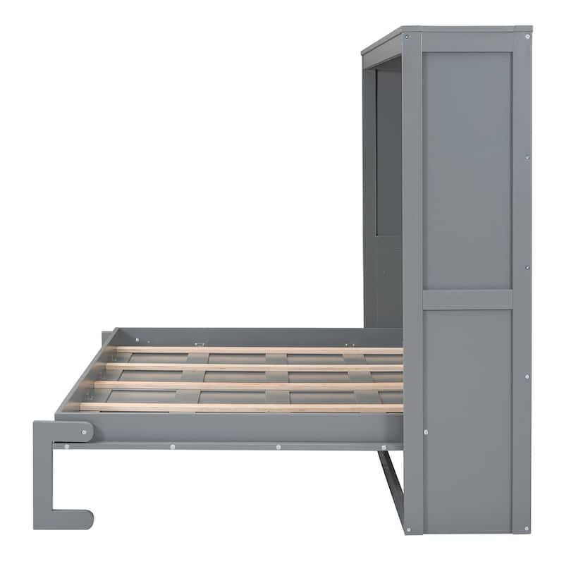 Full Size Murphy Bed Cabinet with Dual-Piston Lift, Space-Saving Foldable Wall Bed Frame w/Slatted Base Guest Room Home Office