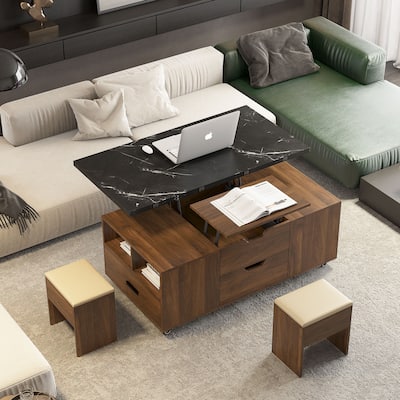 Modern Lift-Up Coffee Table with 2 Stools Set Expandable Hidden Storage + Drawers Space Saving Folding Dining Table