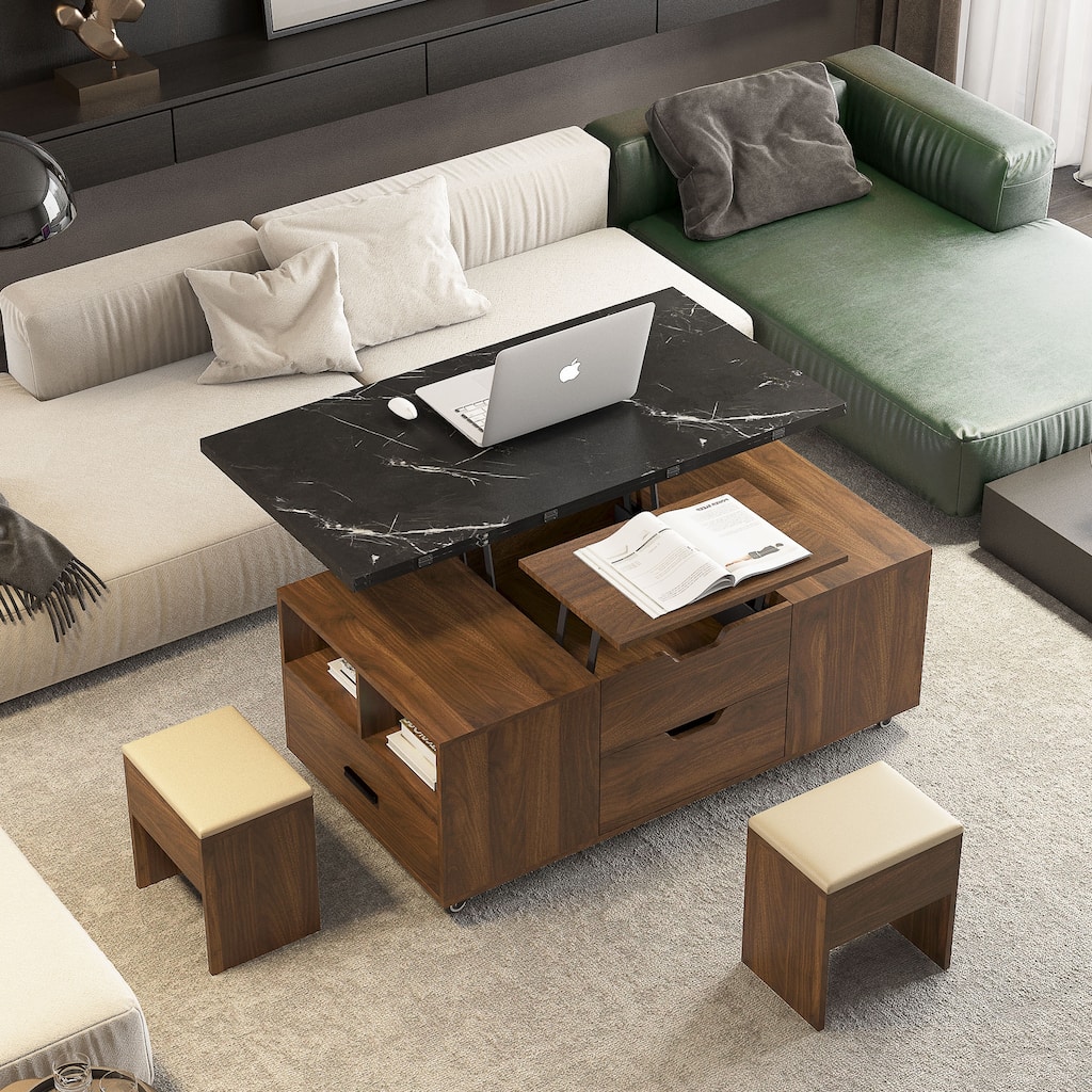 Modern Lift-Up Coffee Table with 2 Stools Set Expandable Hidden Storage + Drawers Space Saving Folding Dining Table