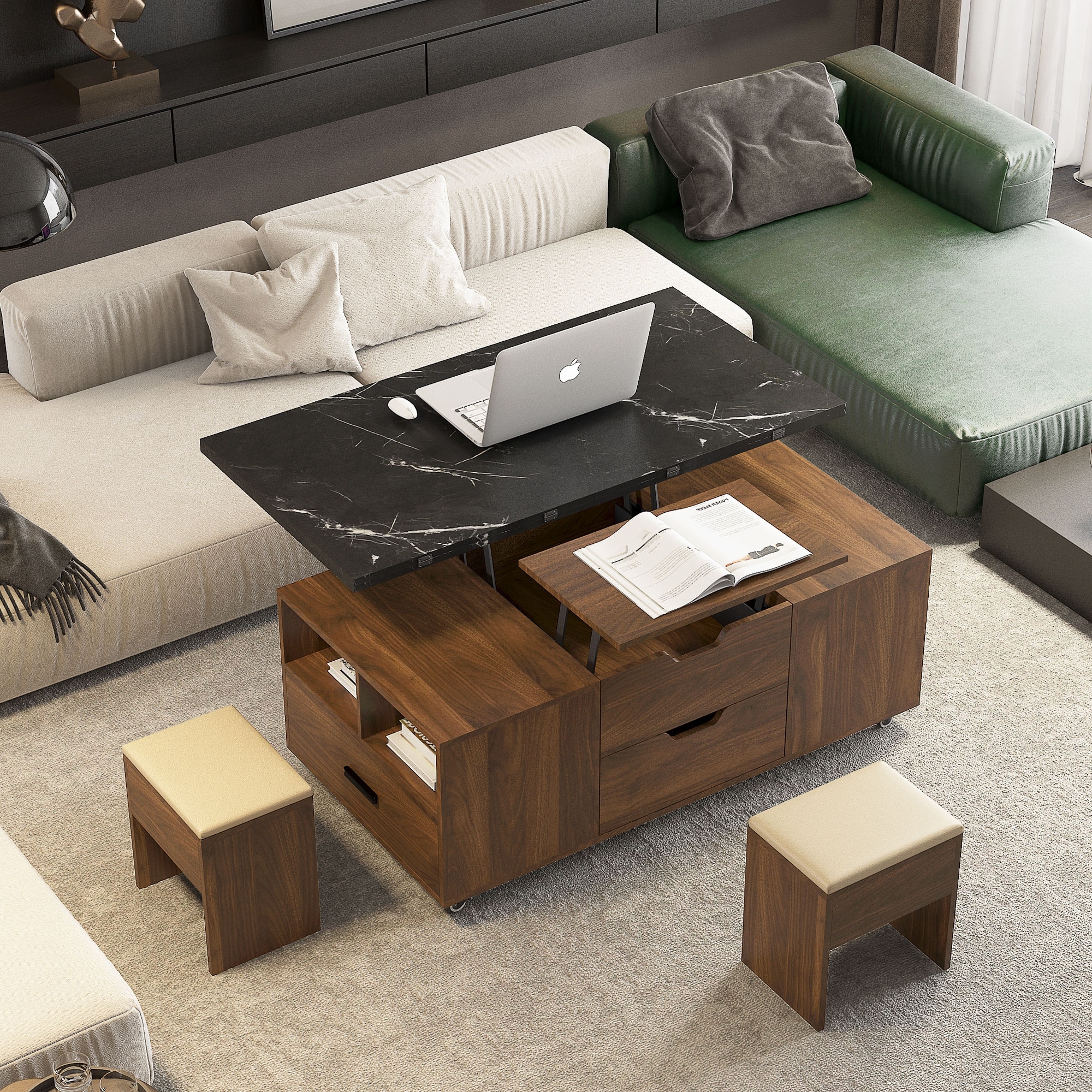 Modern Lift-Up Coffee Table with 2 Stools Set for Living Room Expandable Hidden Storage