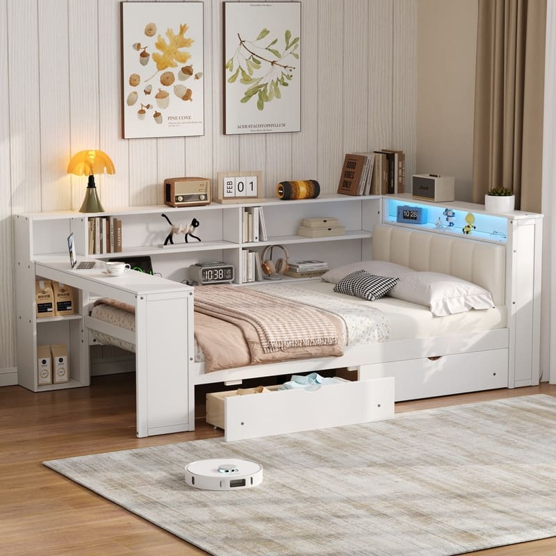 Wood Full Size Platform Bed with Storage Shelves, Drawers, Charging Station, LED, Desk and Upholstered Headboard