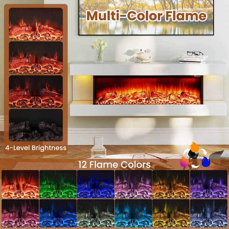 White Wall Mounted Floating Electric Fireplace with and 3-Sided Tempered Glass and Remote Control