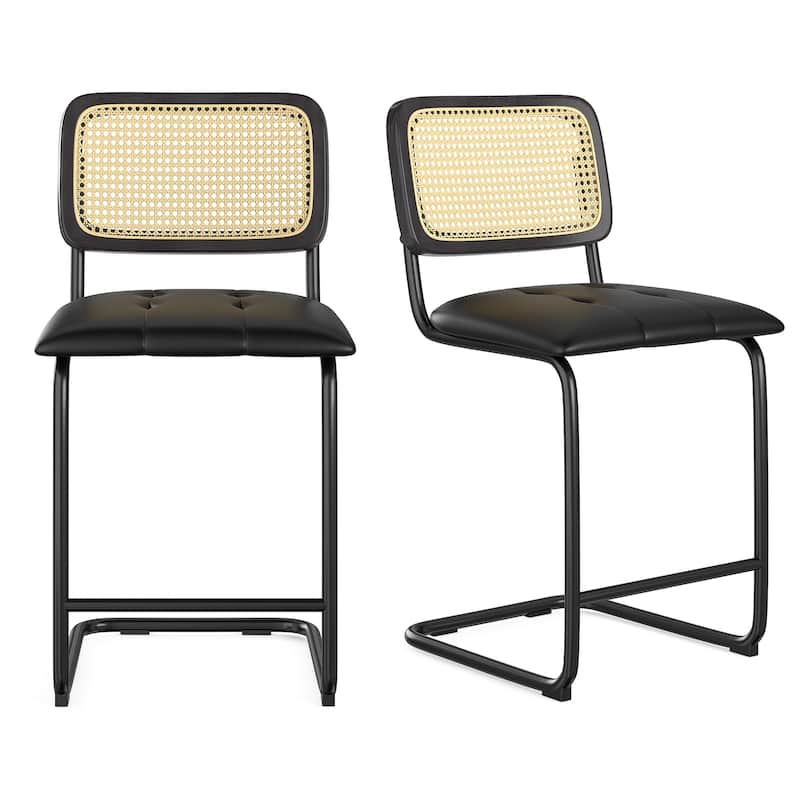 Counter Height Bar Stools Set of 2, Upholstered PU Leather Barstools with Rattan Back, 24 inch Stools Armless Bar Chairs - Black