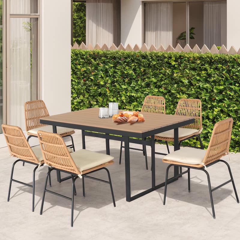 7 piece Outdoor Dining Set, Glass Table with Woven Chairs for Patio, Balcony & Garden - 26.77"L x 20.87"W x 31.1"H