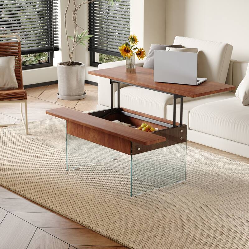 Multifunctional Lift-Top Coffee Table with Tempered Glass Legs, Rectangular Living Room Table 2-Tier Center Table - Brown