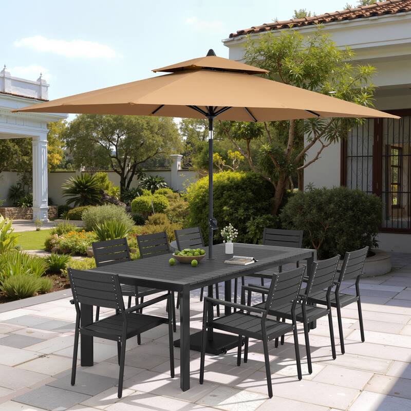 9/11-Piece Patio Dining Set Aluminum Dining Table and Chairs w/10 ft Market Umbrella and Base with Wheels