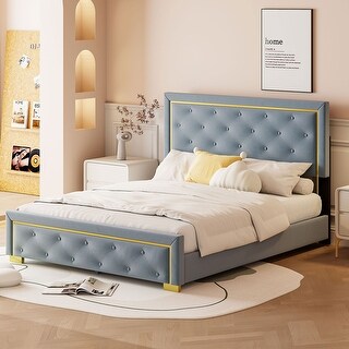 Queen Size Upholstered Platform Bed with Tufted Padded Headboard, Metal Wire Frame Accents, Sturdy Metal Legs